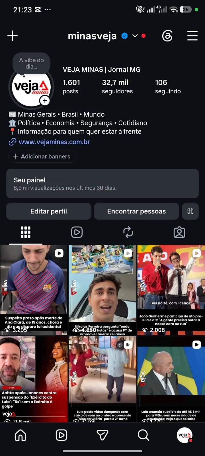 Captura real do perfil do Instagram @minasveja, com 32,7 mil seguidores na data da captura